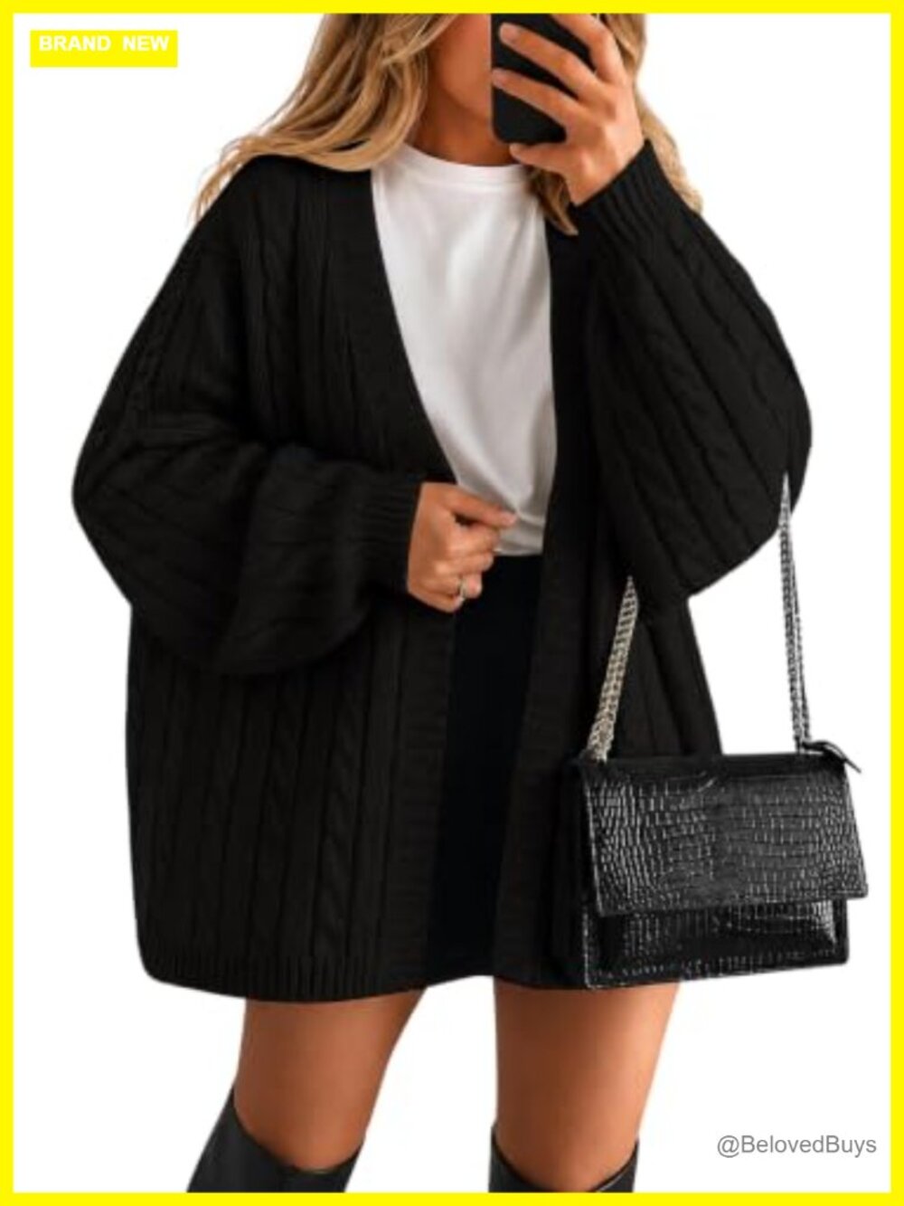 Oversized Cable Knit Cardigan Sweater Balloon Sleeve Open Front Cozy Fall Winter
